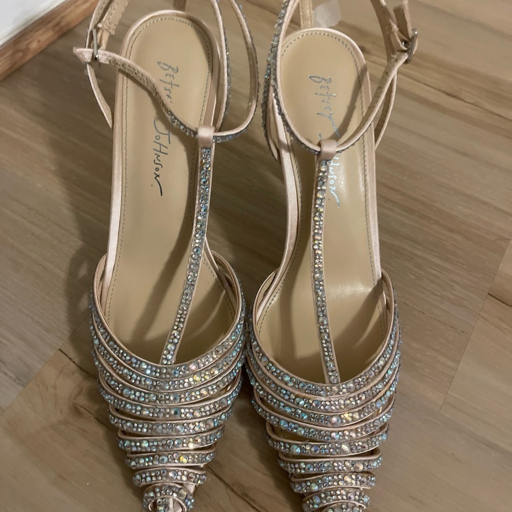 Betsey Johnson Rhinestone Strappy Heels - Cream and Silver Size 8.5